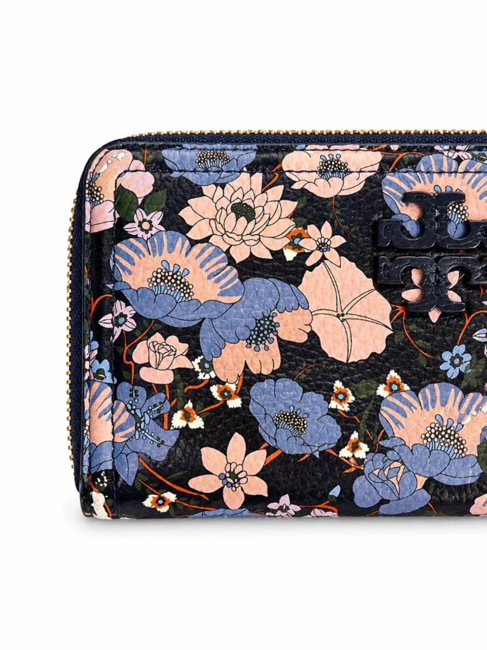 Tory Burch Thea Zip Black Continental Wallet with Blue and Pink Floral Design